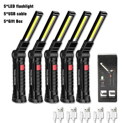 COB LED Folding Flashlight Portable Magnetic Work Light Lantern USB Rechargeable Emergency Repair Camping Torch Lamp with Hook
