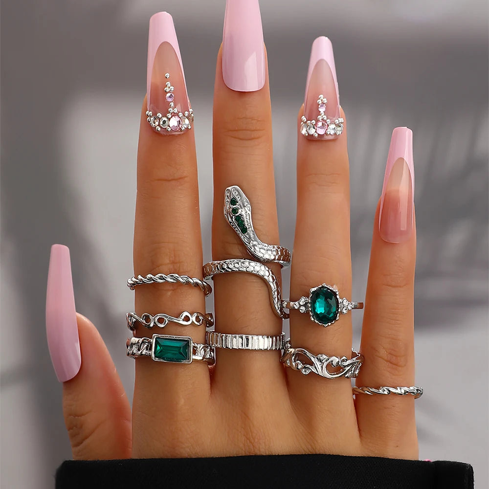 8Pcs/Set Ins Style Vintage Faux Gemstone Snake Twist Ring for Women Retro Ocean Wave Geometric Setting Rhinestone Ring Set