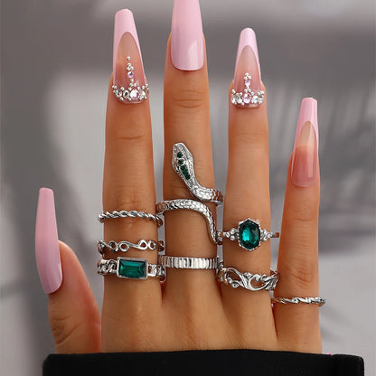 8Pcs/Set Ins Style Vintage Faux Gemstone Snake Twist Ring for Women Retro Ocean Wave Geometric Setting Rhinestone Ring Set
