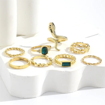 8Pcs/Set Ins Style Vintage Faux Gemstone Snake Twist Ring for Women Retro Ocean Wave Geometric Setting Rhinestone Ring Set
