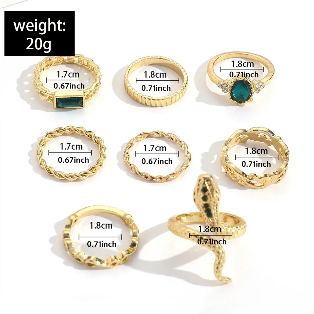 8Pcs/Set Ins Style Vintage Faux Gemstone Snake Twist Ring for Women Retro Ocean Wave Geometric Setting Rhinestone Ring Set