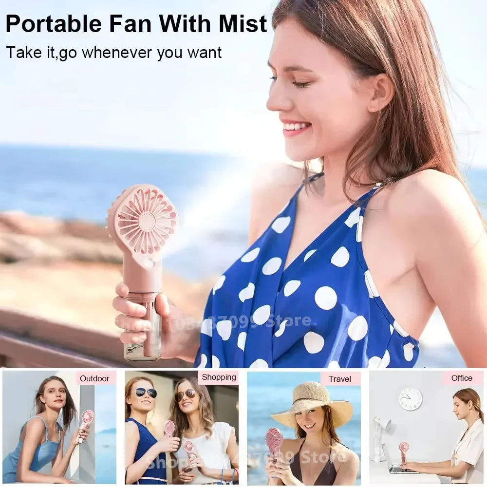 Portable Handheld Spray Fan Mini Humidifier Fan 4 Speeds Powerful Wind USB Rechargeable Water Spray Mist Fan Outdoor Small Fan