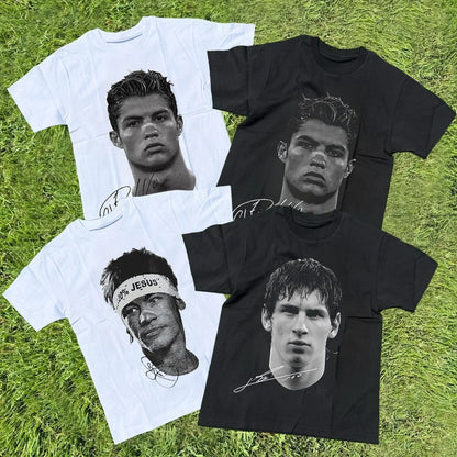 Cristiano Ronaldo Neymar Lionel Messi Football Superstar Portrait Printed Tee Men Women Loose Casual Short Sleeve Tshirt