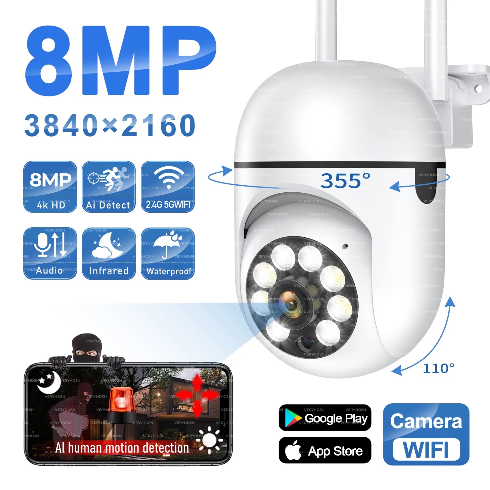 8MP Wifi IP Outdoor Wireless Security Surveillance PTZ Camera 4X Zoom Cameras AI Human Tracking Two-Way Audio HD Night Color Cam