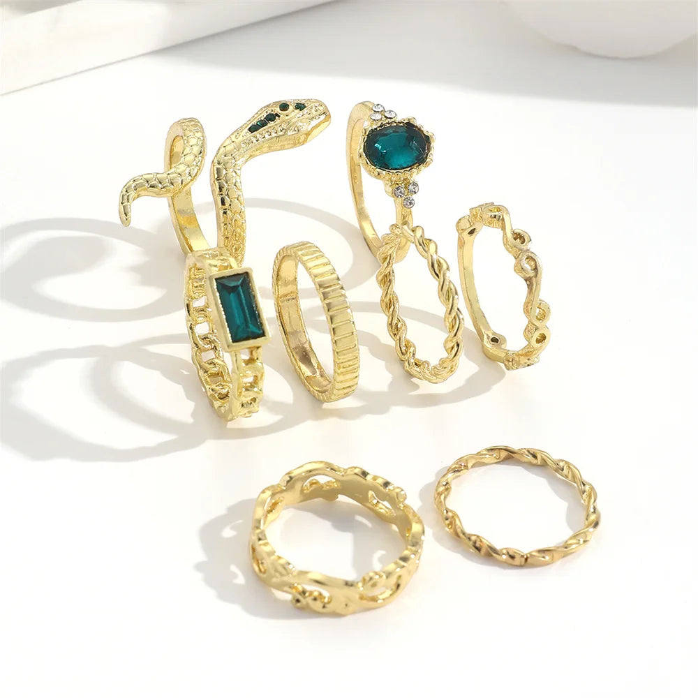 8Pcs/Set Ins Style Vintage Faux Gemstone Snake Twist Ring for Women Retro Ocean Wave Geometric Setting Rhinestone Ring Set