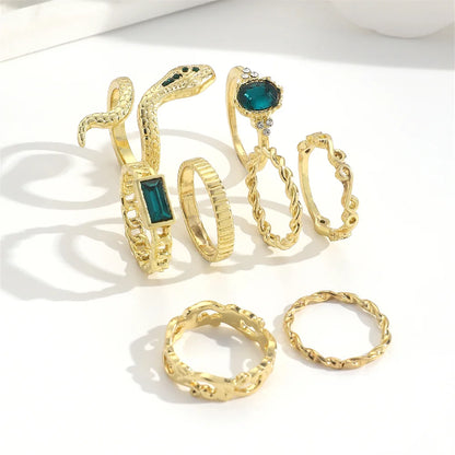 8Pcs/Set Ins Style Vintage Faux Gemstone Snake Twist Ring for Women Retro Ocean Wave Geometric Setting Rhinestone Ring Set