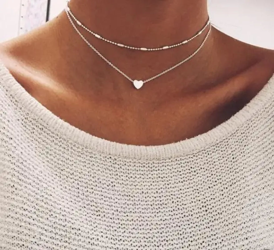 New Double Layer Necklace for Women Imitation Pearl Crystal Heart Pendant Chokers Necklaces Girls Gift Bohemia Cheap Jewelry