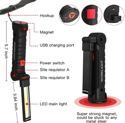 COB LED Folding Flashlight Portable Magnetic Work Light Lantern USB Rechargeable Emergency Repair Camping Torch Lamp with Hook
