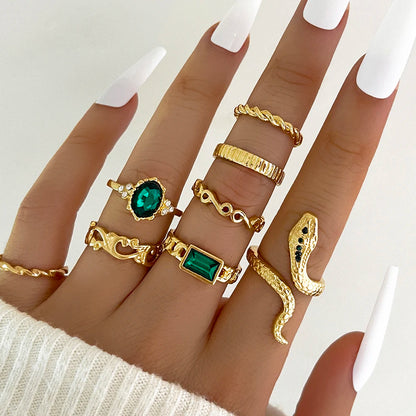 8Pcs/Set Ins Style Vintage Faux Gemstone Snake Twist Ring for Women Retro Ocean Wave Geometric Setting Rhinestone Ring Set